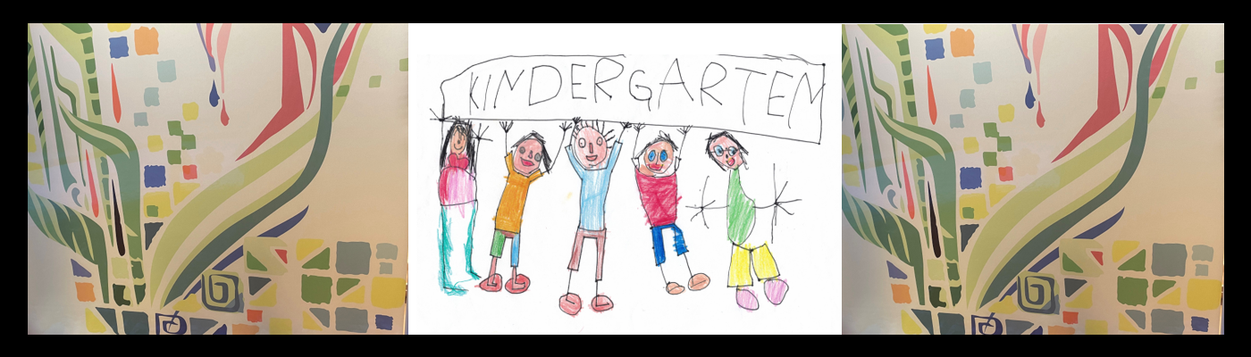 Kindergartenlogo, 5 Kinder halten die Hände hoch, oben steht der Schriftzug Kindergarten