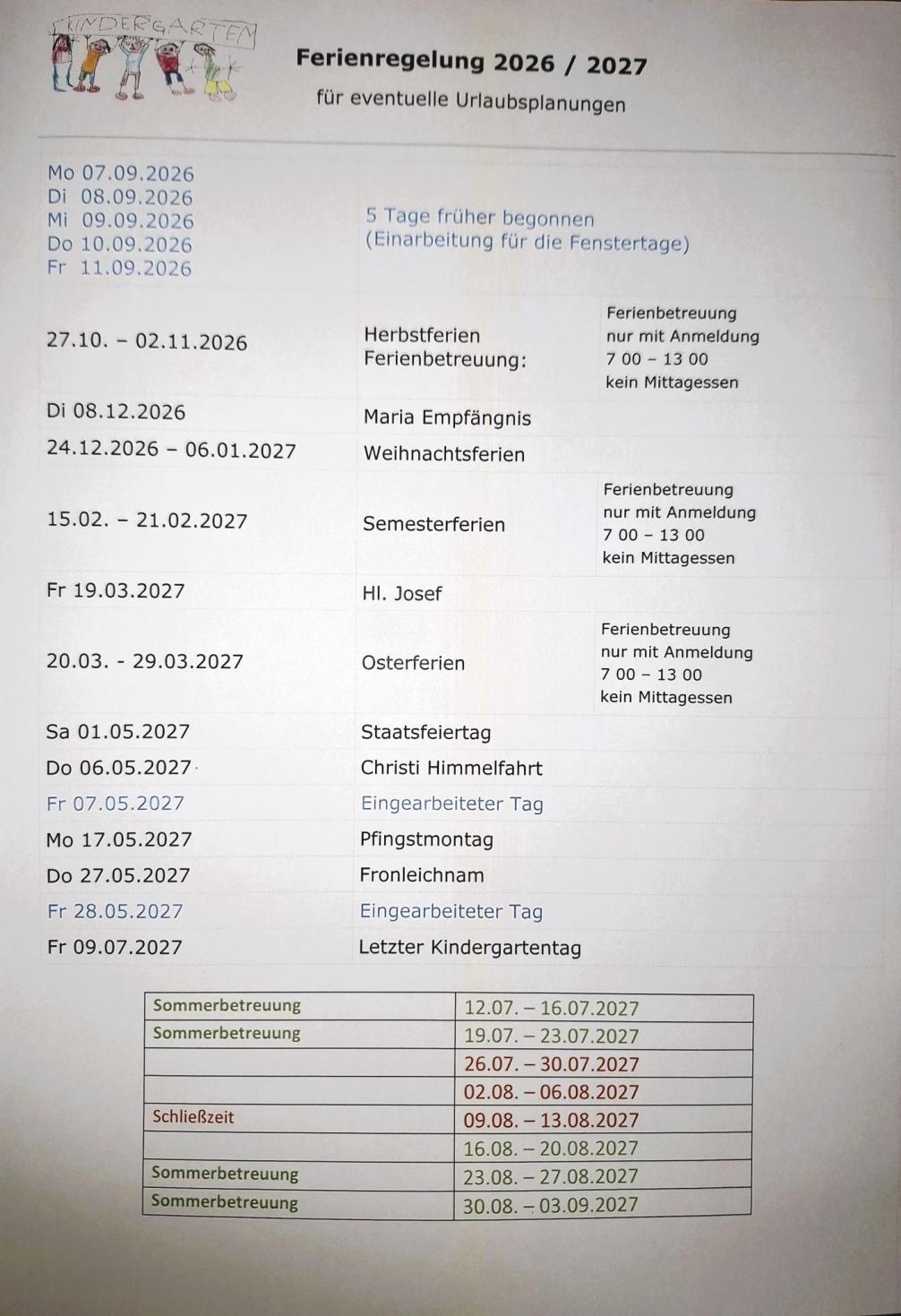 Ferienregelung 2026 27